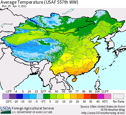 China, Mongolia and Taiwan Average Temperature (USAF 557th WW) Thematic Map For 3/29/2021 - 4/4/2021