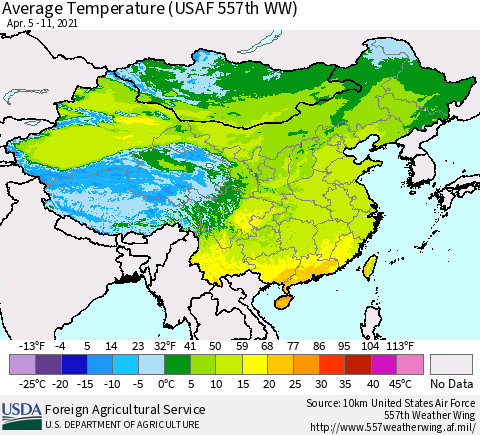 China, Mongolia and Taiwan Average Temperature (USAF 557th WW) Thematic Map For 4/5/2021 - 4/11/2021