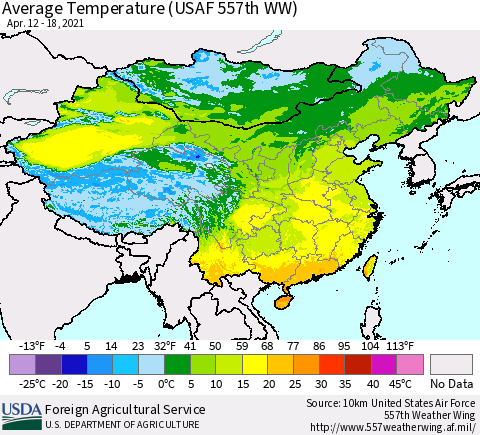 China, Mongolia and Taiwan Average Temperature (USAF 557th WW) Thematic Map For 4/12/2021 - 4/18/2021