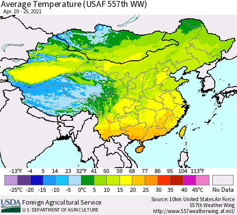 China, Mongolia and Taiwan Average Temperature (USAF 557th WW) Thematic Map For 4/19/2021 - 4/25/2021