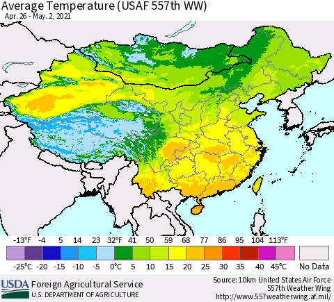 China, Mongolia and Taiwan Average Temperature (USAF 557th WW) Thematic Map For 4/26/2021 - 5/2/2021