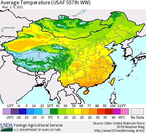 China, Mongolia and Taiwan Average Temperature (USAF 557th WW) Thematic Map For 5/3/2021 - 5/9/2021