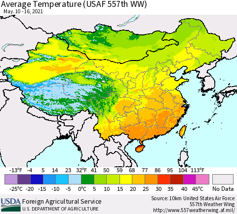 China, Mongolia and Taiwan Average Temperature (USAF 557th WW) Thematic Map For 5/10/2021 - 5/16/2021