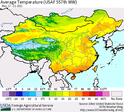 China, Mongolia and Taiwan Average Temperature (USAF 557th WW) Thematic Map For 5/17/2021 - 5/23/2021