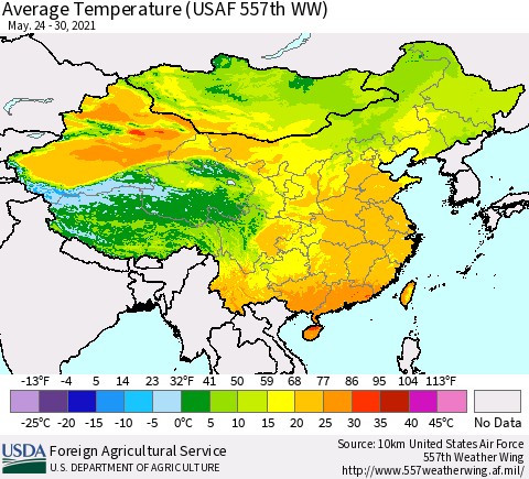 China, Mongolia and Taiwan Average Temperature (USAF 557th WW) Thematic Map For 5/24/2021 - 5/30/2021