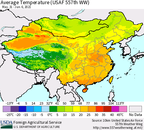 China, Mongolia and Taiwan Average Temperature (USAF 557th WW) Thematic Map For 5/31/2021 - 6/6/2021