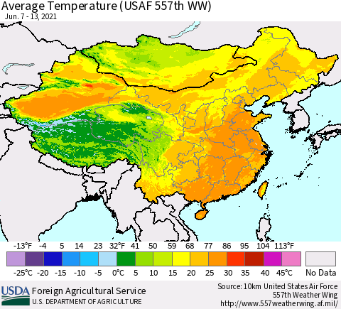 China, Mongolia and Taiwan Average Temperature (USAF 557th WW) Thematic Map For 6/7/2021 - 6/13/2021