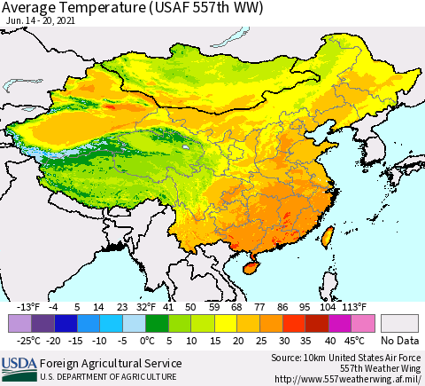 China, Mongolia and Taiwan Average Temperature (USAF 557th WW) Thematic Map For 6/14/2021 - 6/20/2021