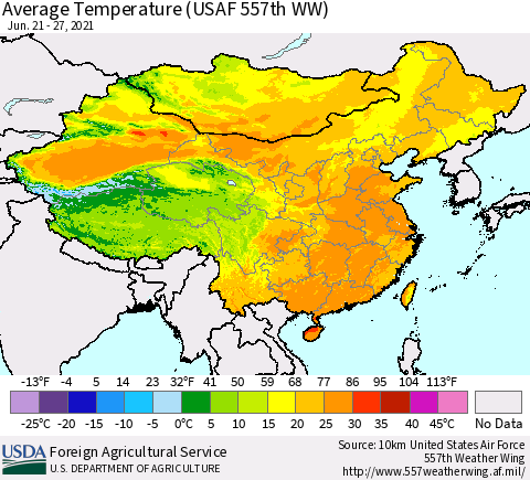 China, Mongolia and Taiwan Average Temperature (USAF 557th WW) Thematic Map For 6/21/2021 - 6/27/2021