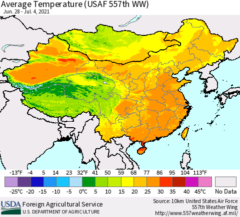 China, Mongolia and Taiwan Average Temperature (USAF 557th WW) Thematic Map For 6/28/2021 - 7/4/2021