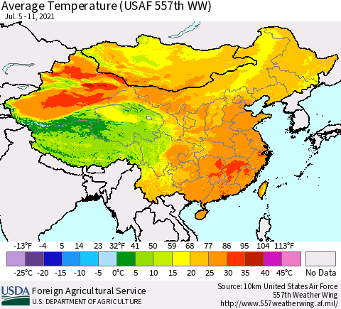 China, Mongolia and Taiwan Average Temperature (USAF 557th WW) Thematic Map For 7/5/2021 - 7/11/2021