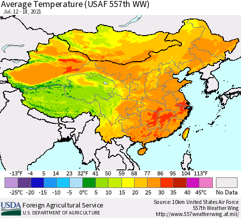 China, Mongolia and Taiwan Average Temperature (USAF 557th WW) Thematic Map For 7/12/2021 - 7/18/2021