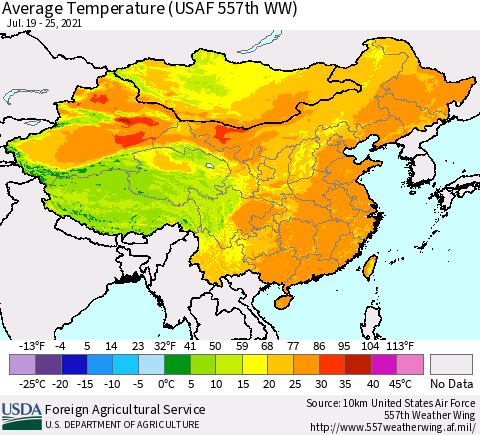 China, Mongolia and Taiwan Average Temperature (USAF 557th WW) Thematic Map For 7/19/2021 - 7/25/2021