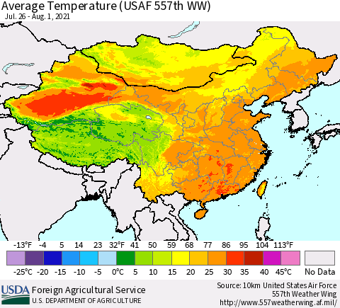 China, Mongolia and Taiwan Average Temperature (USAF 557th WW) Thematic Map For 7/26/2021 - 8/1/2021