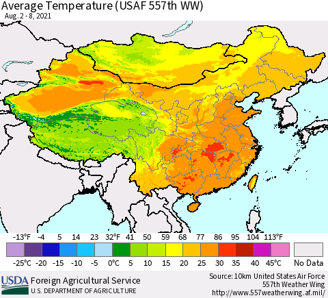 China, Mongolia and Taiwan Average Temperature (USAF 557th WW) Thematic Map For 8/2/2021 - 8/8/2021