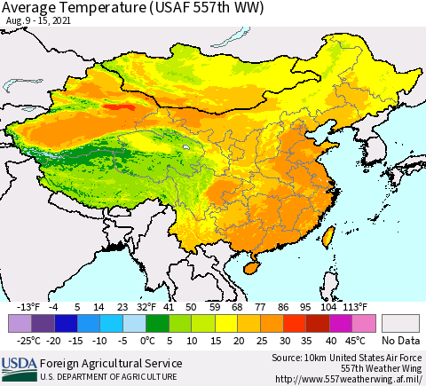 China, Mongolia and Taiwan Average Temperature (USAF 557th WW) Thematic Map For 8/9/2021 - 8/15/2021