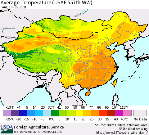 China, Mongolia and Taiwan Average Temperature (USAF 557th WW) Thematic Map For 8/16/2021 - 8/22/2021