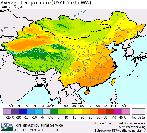 China, Mongolia and Taiwan Average Temperature (USAF 557th WW) Thematic Map For 8/23/2021 - 8/29/2021