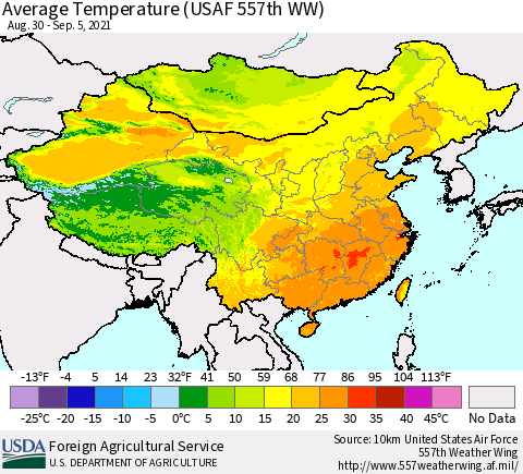 China, Mongolia and Taiwan Average Temperature (USAF 557th WW) Thematic Map For 8/30/2021 - 9/5/2021