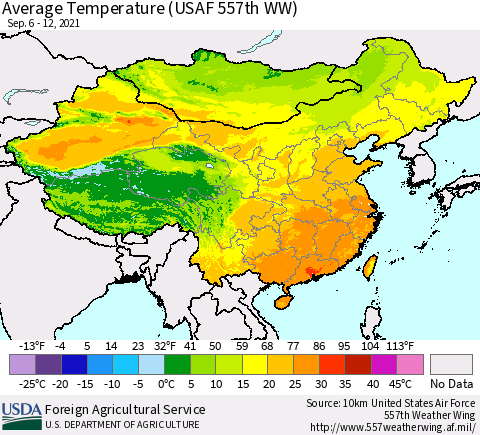 China, Mongolia and Taiwan Average Temperature (USAF 557th WW) Thematic Map For 9/6/2021 - 9/12/2021