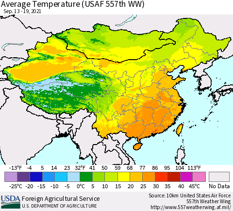 China, Mongolia and Taiwan Average Temperature (USAF 557th WW) Thematic Map For 9/13/2021 - 9/19/2021