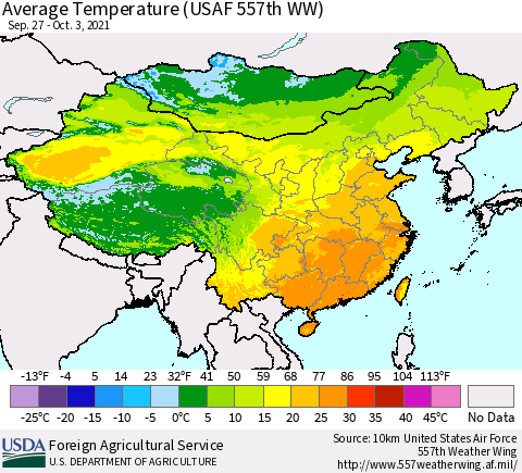China, Mongolia and Taiwan Average Temperature (USAF 557th WW) Thematic Map For 9/27/2021 - 10/3/2021