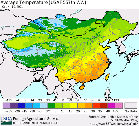 China, Mongolia and Taiwan Average Temperature (USAF 557th WW) Thematic Map For 10/4/2021 - 10/10/2021