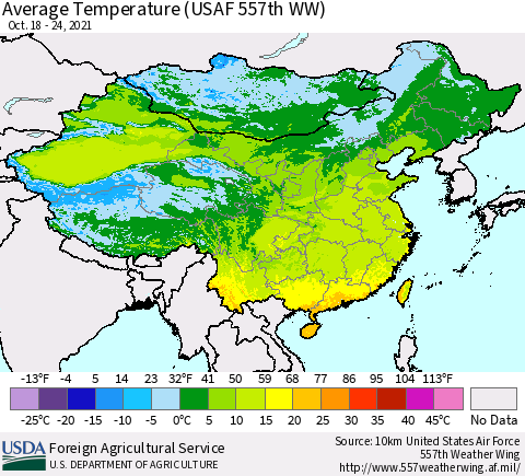 China, Mongolia and Taiwan Average Temperature (USAF 557th WW) Thematic Map For 10/18/2021 - 10/24/2021