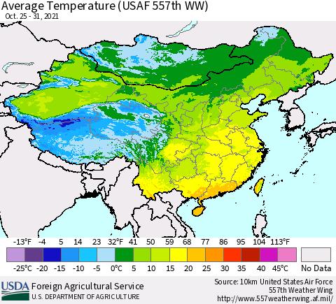 China, Mongolia and Taiwan Average Temperature (USAF 557th WW) Thematic Map For 10/25/2021 - 10/31/2021
