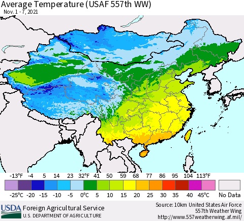 China, Mongolia and Taiwan Average Temperature (USAF 557th WW) Thematic Map For 11/1/2021 - 11/7/2021