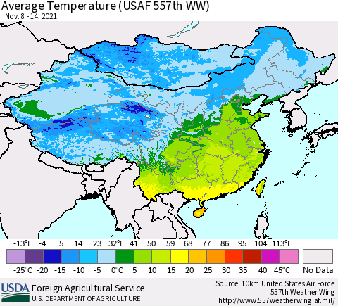 China, Mongolia and Taiwan Average Temperature (USAF 557th WW) Thematic Map For 11/8/2021 - 11/14/2021