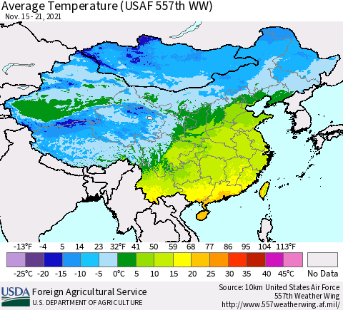 China, Mongolia and Taiwan Average Temperature (USAF 557th WW) Thematic Map For 11/15/2021 - 11/21/2021