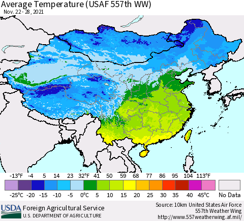 China, Mongolia and Taiwan Average Temperature (USAF 557th WW) Thematic Map For 11/22/2021 - 11/28/2021