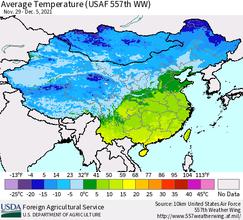 China, Mongolia and Taiwan Average Temperature (USAF 557th WW) Thematic Map For 11/29/2021 - 12/5/2021