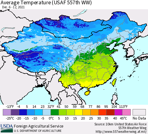 China, Mongolia and Taiwan Average Temperature (USAF 557th WW) Thematic Map For 12/6/2021 - 12/12/2021