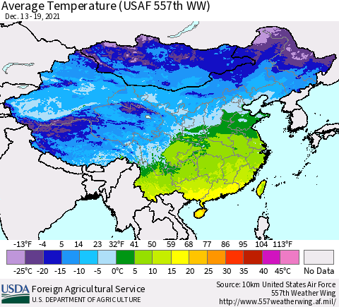 China, Mongolia and Taiwan Average Temperature (USAF 557th WW) Thematic Map For 12/13/2021 - 12/19/2021