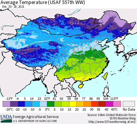 China, Mongolia and Taiwan Average Temperature (USAF 557th WW) Thematic Map For 12/20/2021 - 12/26/2021
