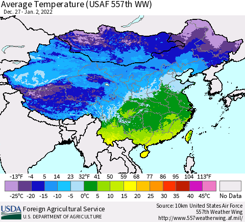 China, Mongolia and Taiwan Average Temperature (USAF 557th WW) Thematic Map For 12/27/2021 - 1/2/2022