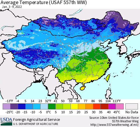 China, Mongolia and Taiwan Average Temperature (USAF 557th WW) Thematic Map For 1/3/2022 - 1/9/2022