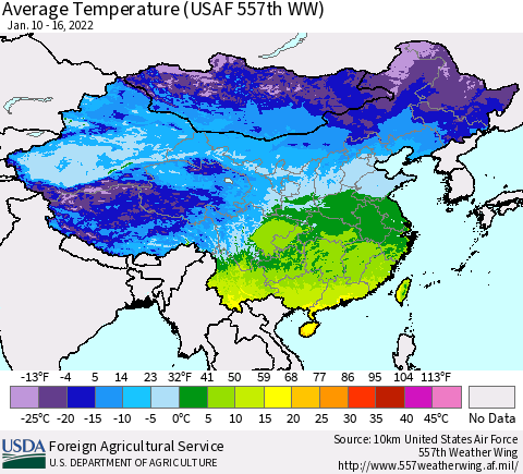 China, Mongolia and Taiwan Average Temperature (USAF 557th WW) Thematic Map For 1/10/2022 - 1/16/2022