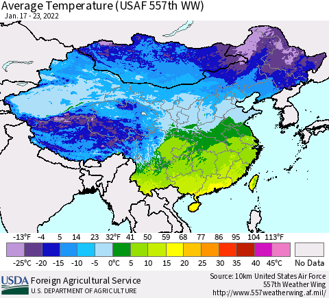 China, Mongolia and Taiwan Average Temperature (USAF 557th WW) Thematic Map For 1/17/2022 - 1/23/2022