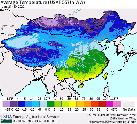 China, Mongolia and Taiwan Average Temperature (USAF 557th WW) Thematic Map For 1/24/2022 - 1/30/2022