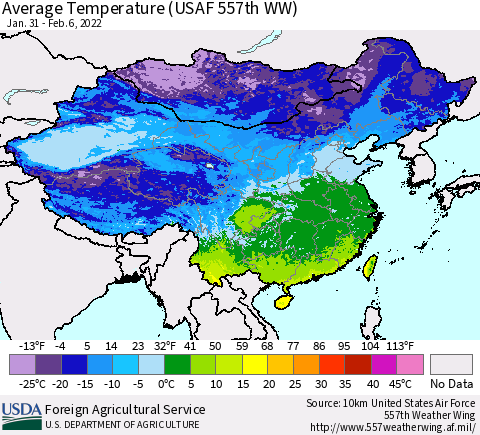 China, Mongolia and Taiwan Average Temperature (USAF 557th WW) Thematic Map For 1/31/2022 - 2/6/2022