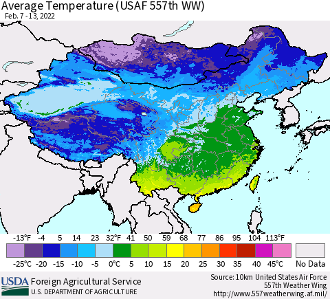 China, Mongolia and Taiwan Average Temperature (USAF 557th WW) Thematic Map For 2/7/2022 - 2/13/2022