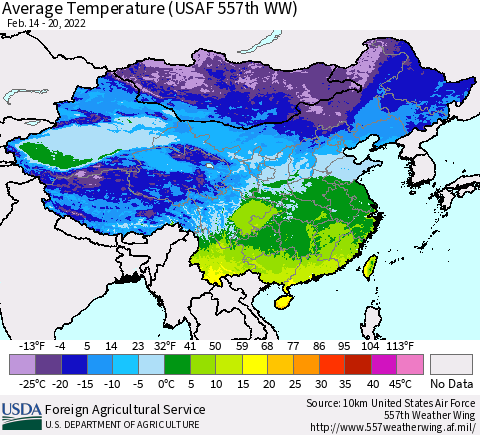 China, Mongolia and Taiwan Average Temperature (USAF 557th WW) Thematic Map For 2/14/2022 - 2/20/2022