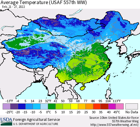 China, Mongolia and Taiwan Average Temperature (USAF 557th WW) Thematic Map For 2/21/2022 - 2/27/2022