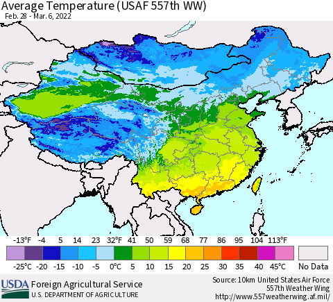China, Mongolia and Taiwan Average Temperature (USAF 557th WW) Thematic Map For 2/28/2022 - 3/6/2022