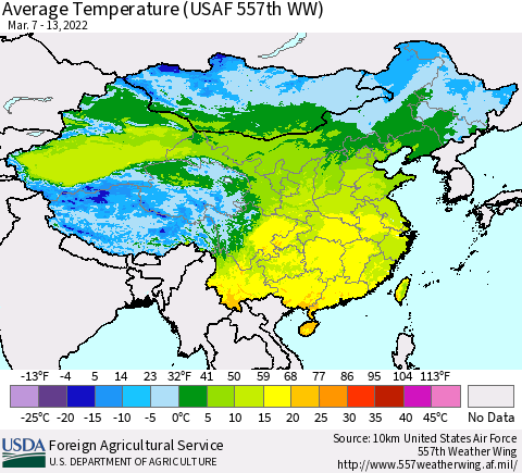 China, Mongolia and Taiwan Average Temperature (USAF 557th WW) Thematic Map For 3/7/2022 - 3/13/2022