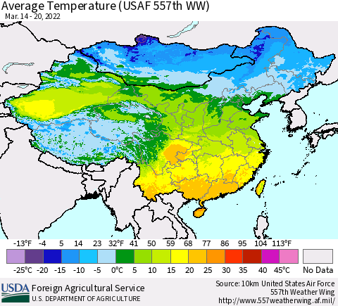 China, Mongolia and Taiwan Average Temperature (USAF 557th WW) Thematic Map For 3/14/2022 - 3/20/2022
