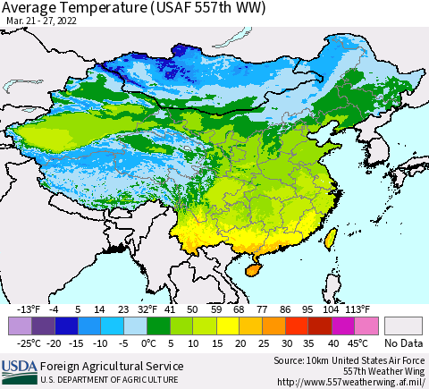 China, Mongolia and Taiwan Average Temperature (USAF 557th WW) Thematic Map For 3/21/2022 - 3/27/2022
